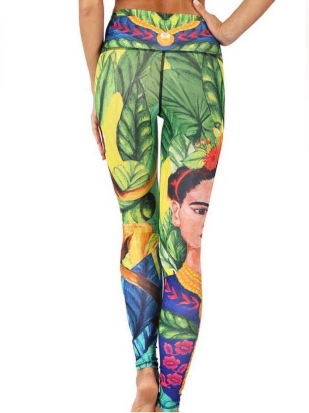 Frida Kahlo Inspired Green Botanical Print Leggings, small, inseam 28”